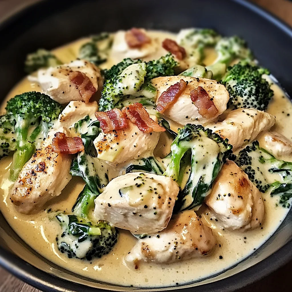 Creamy Garlic Butter Chicken Alfredo with Spinach, Bacon & Broccoli