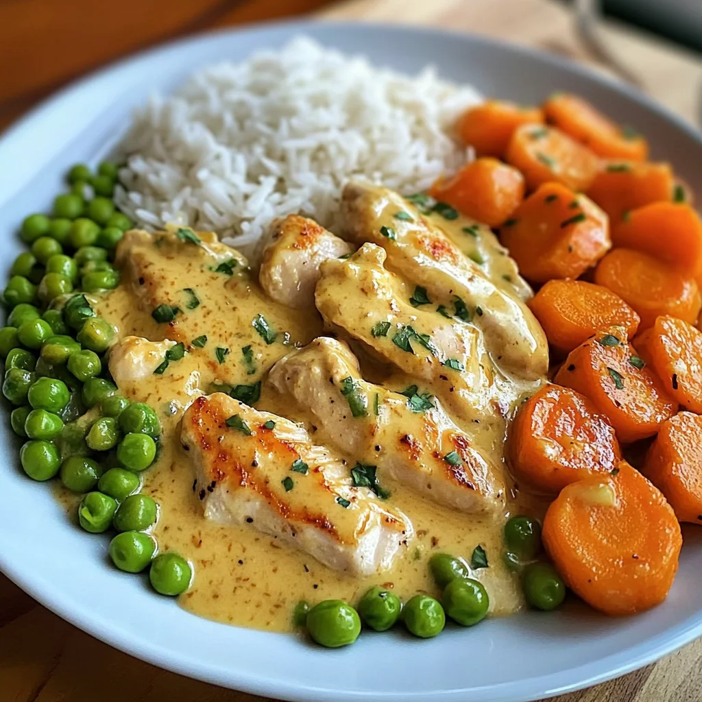 Creamy Garlic Chicken with Fluffy Rice and Glazed Carrots