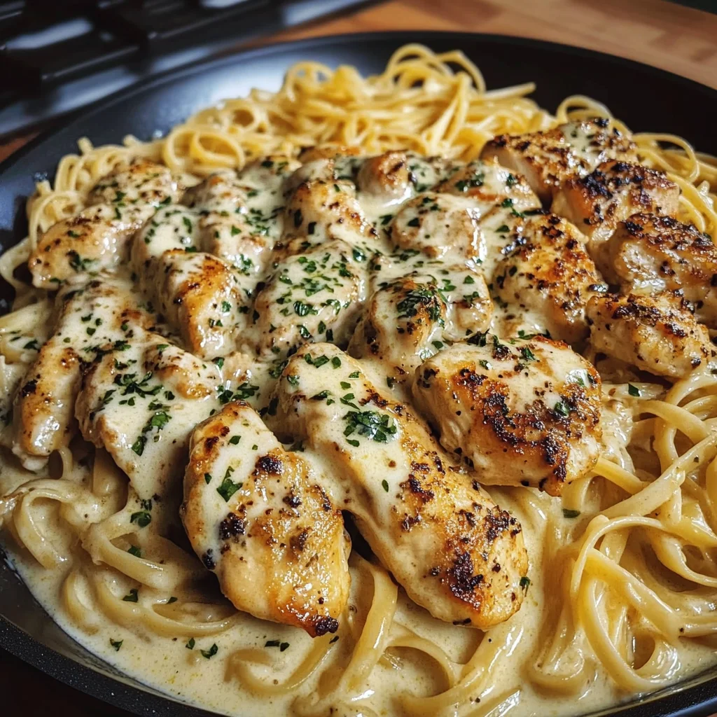 Creamy Garlic Parmesan Chicken with Cheesy Linguine Pasta