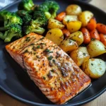 Garlic Butter Salmon with Roasted Potatoes, Glazed Carrots & Steamed Broccoli
