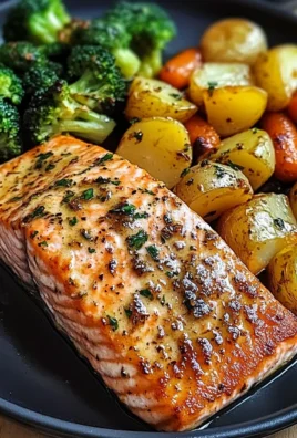 Garlic Butter Salmon with Roasted Potatoes, Glazed Carrots & Steamed Broccoli