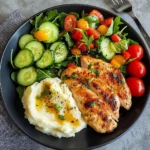 Golden Pan-Seared Chicken Breast with Creamy Mashed Potatoes & Fresh Garden Salad