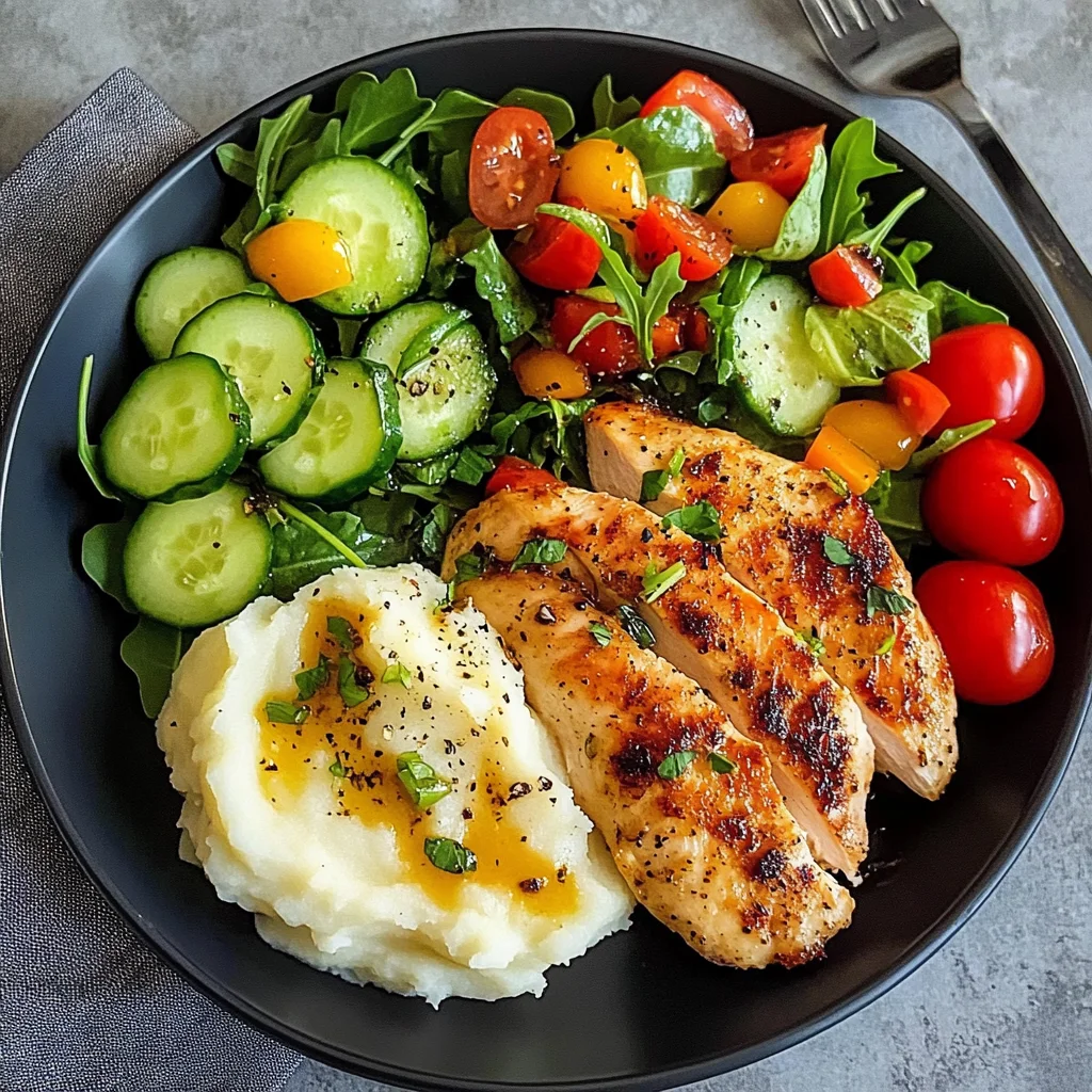 Golden Pan-Seared Chicken Breast with Creamy Mashed Potatoes & Fresh Garden Salad