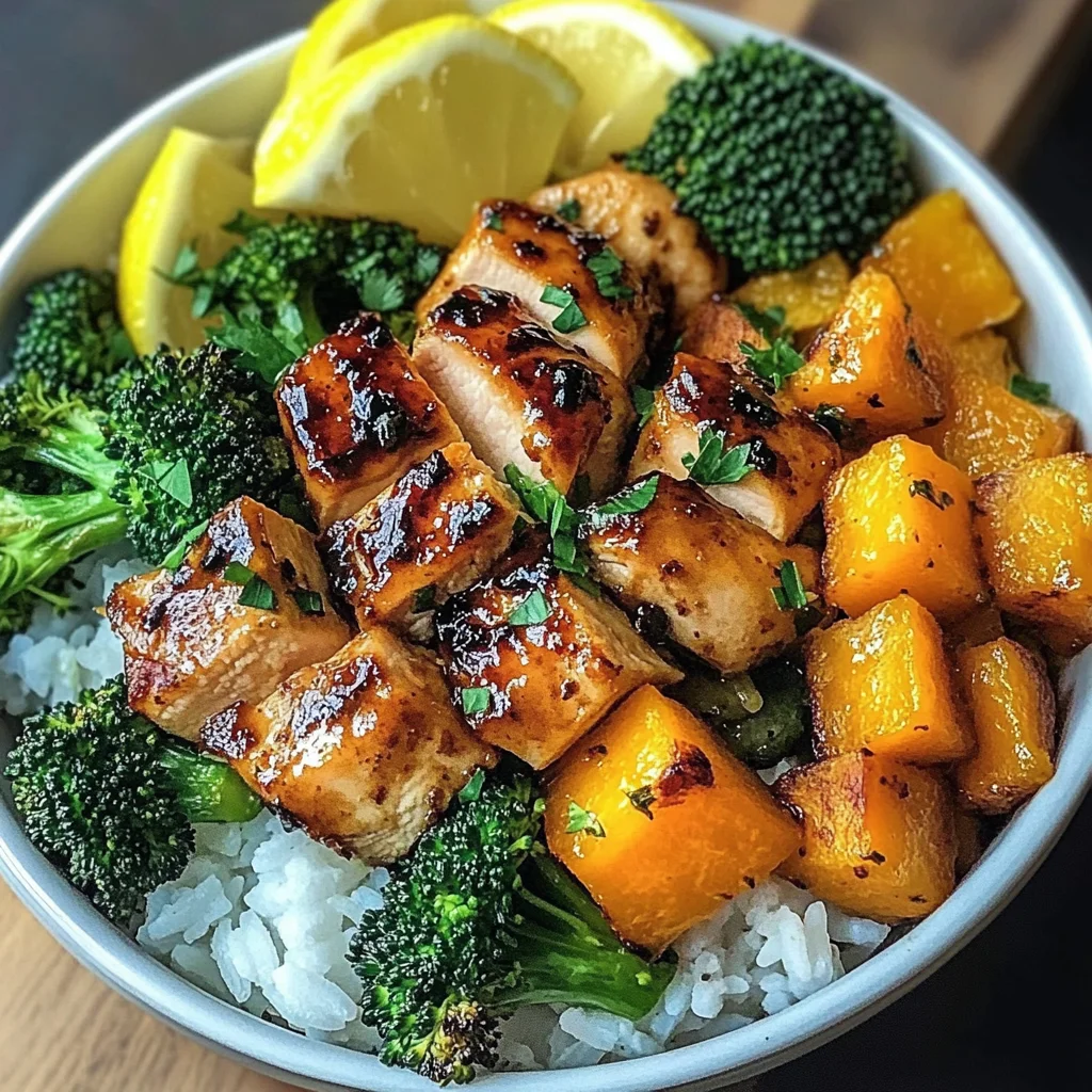Honey Garlic Chicken Bowl with Rice, Broccoli & Roasted Butternut Squash