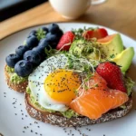 Smoked Salmon & Egg Avocado Toast Plate with Fresh Fruit & Tea