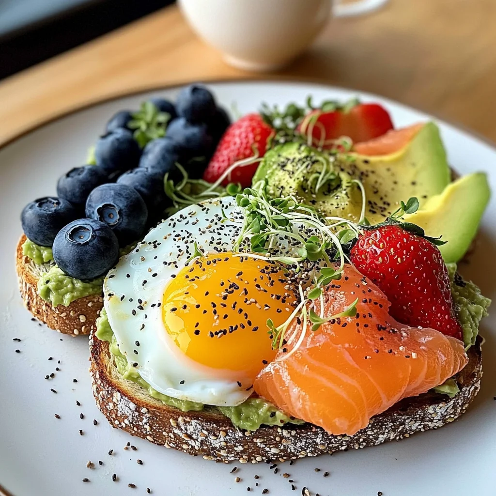Smoked Salmon & Egg Avocado Toast Plate with Fresh Fruit & Tea
