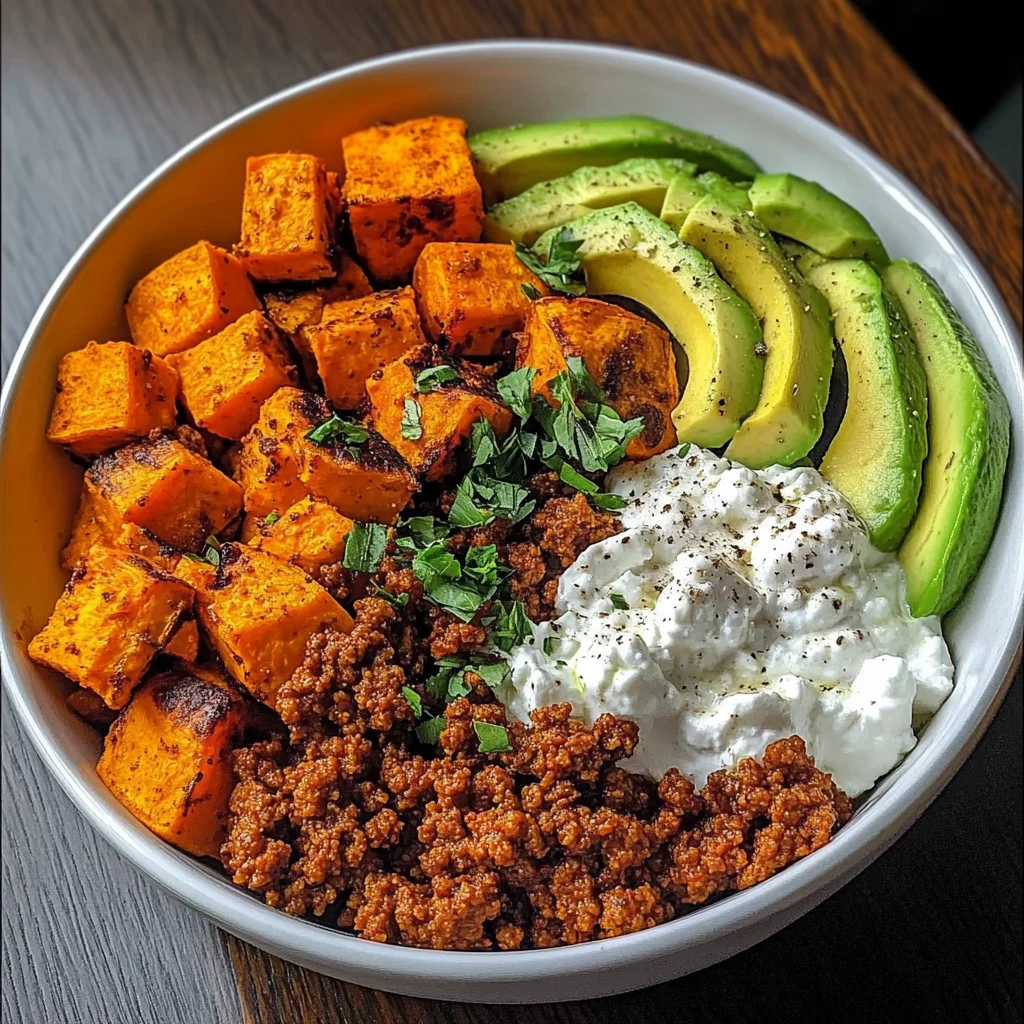 Spicy Sweet Potato Power Bowl with Avocado & Cottage Cheese