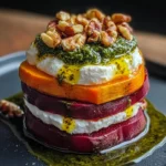 Sweet Potato & Beet Stacks with Pesto, Burrata & Walnuts Recipe
