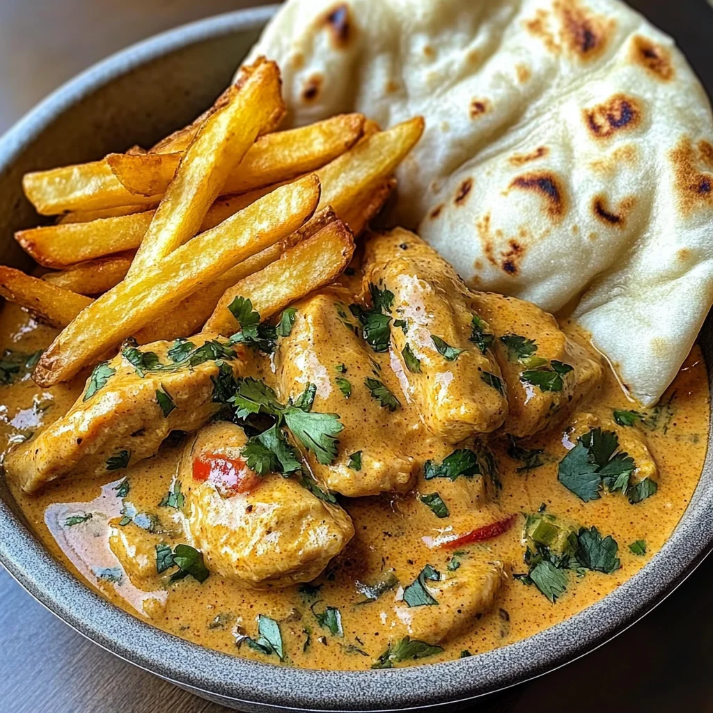 Coconut Chicken Curry with Crispy Fries and Warm Naan