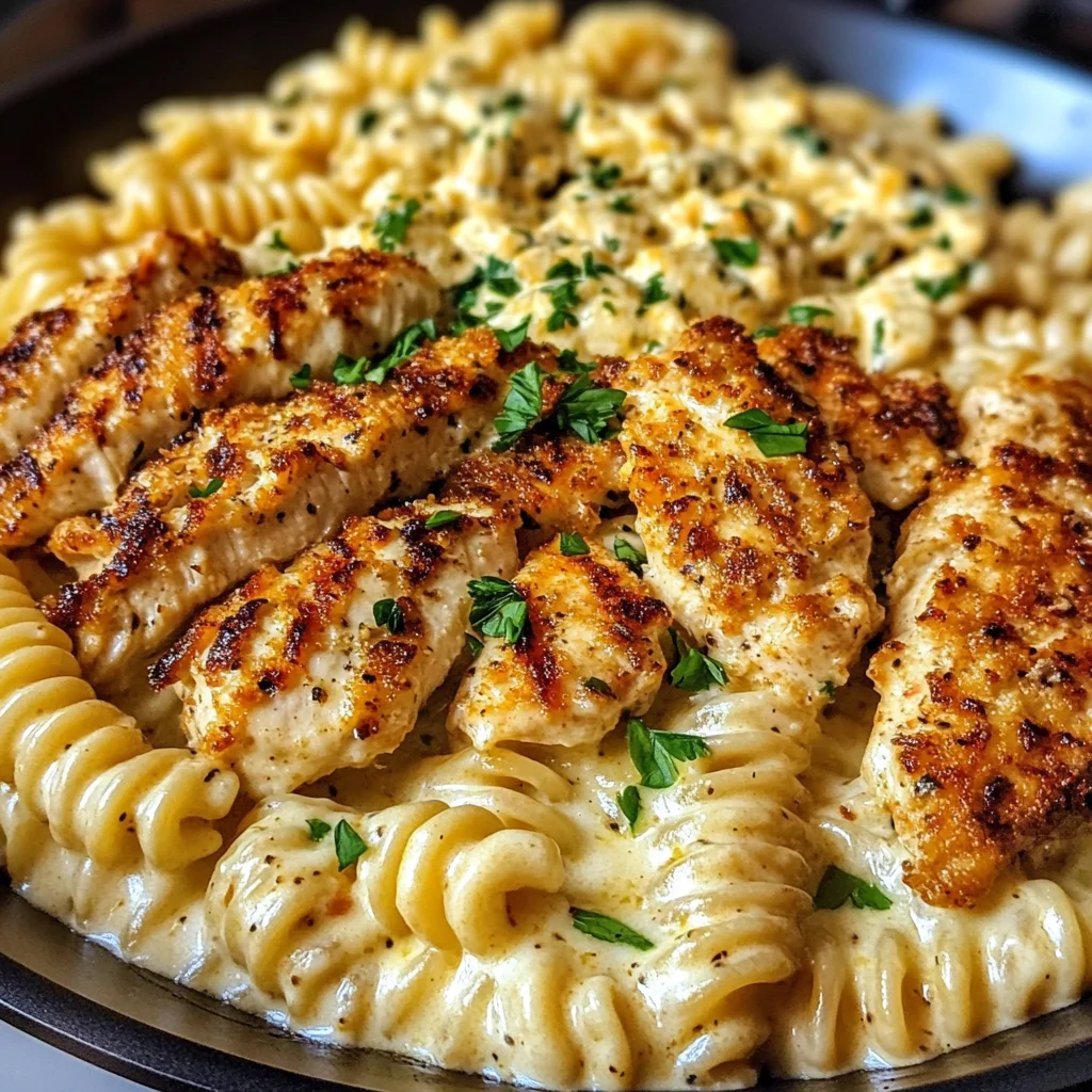 Garlic Parmesan Chicken Rotini in ThreeCheese Cajun Cream Sauce