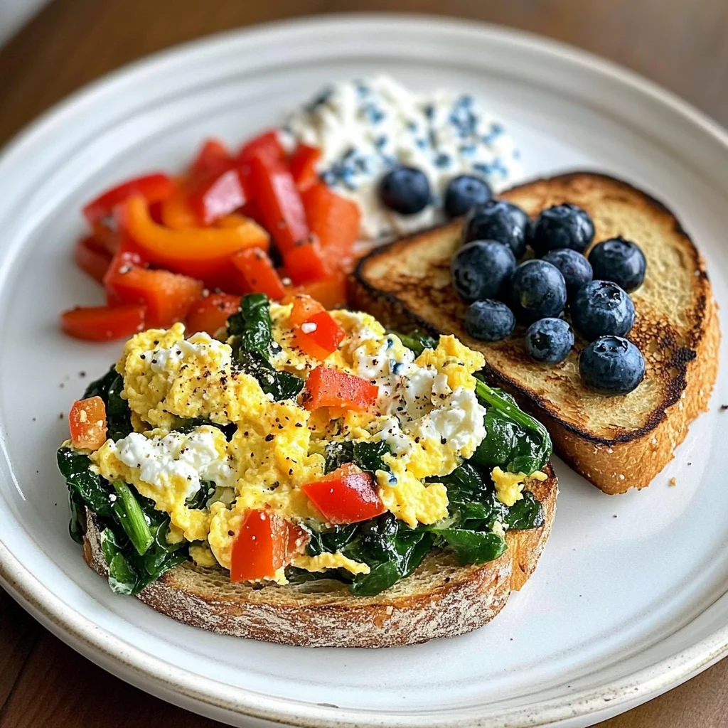 Veggie Egg Scramble with Cottage Cheese & Blueberry Toast