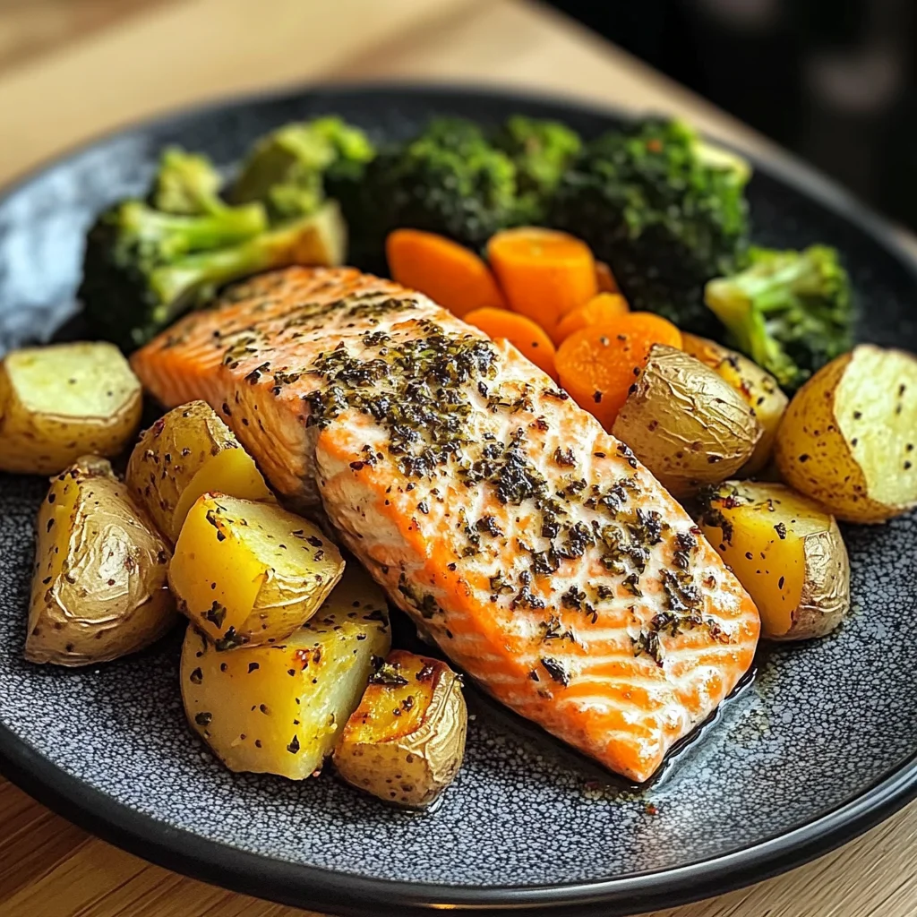 Garlic Salmon with Herbed Potatoes, Carrots & Broccoli
