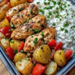 Savory Herb Chicken with Roasted Potatoes, Bell Peppers & Steamed Rice