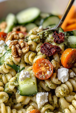 Creamy Pesto Pasta Salad with Sun-Dried Tomato, Feta, and Mediterranean Veggies Recipe