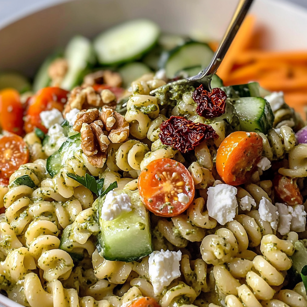 Creamy Pesto Pasta Salad with Sun-Dried Tomato, Feta, and Mediterranean Veggies Recipe