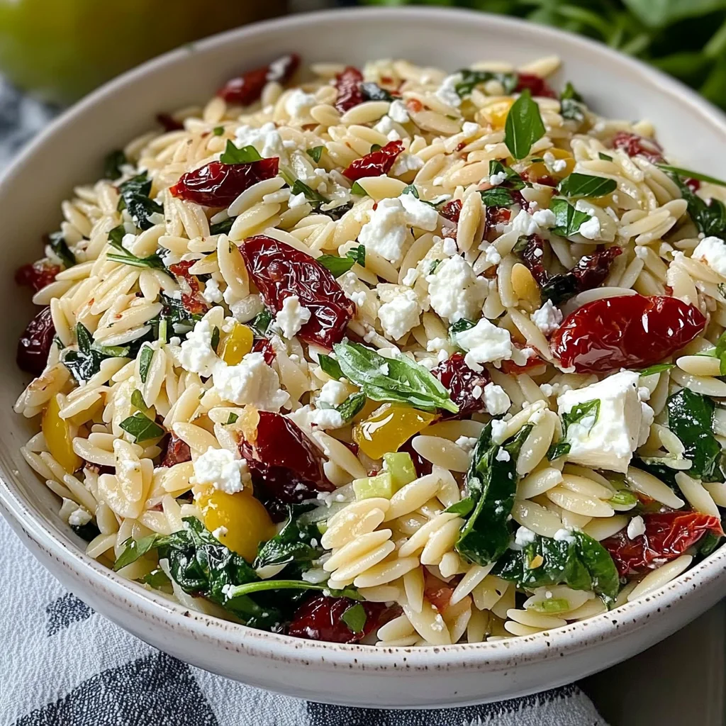 Homemade Orzo Pasta Salad with Feta and Sun Dried Tomatoes - flirtyfood