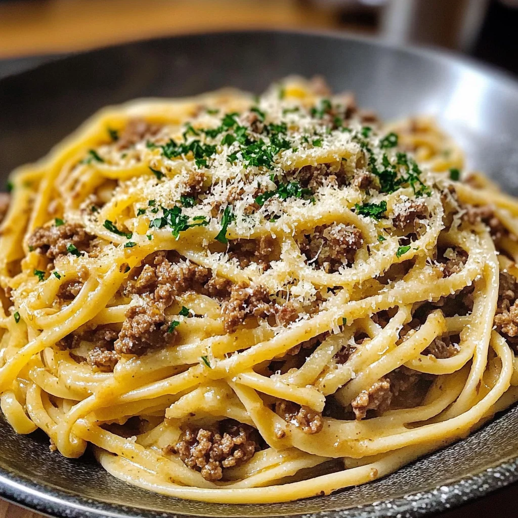 Creamy Parmesan Beef Linguine with Garlic Butter Sauce