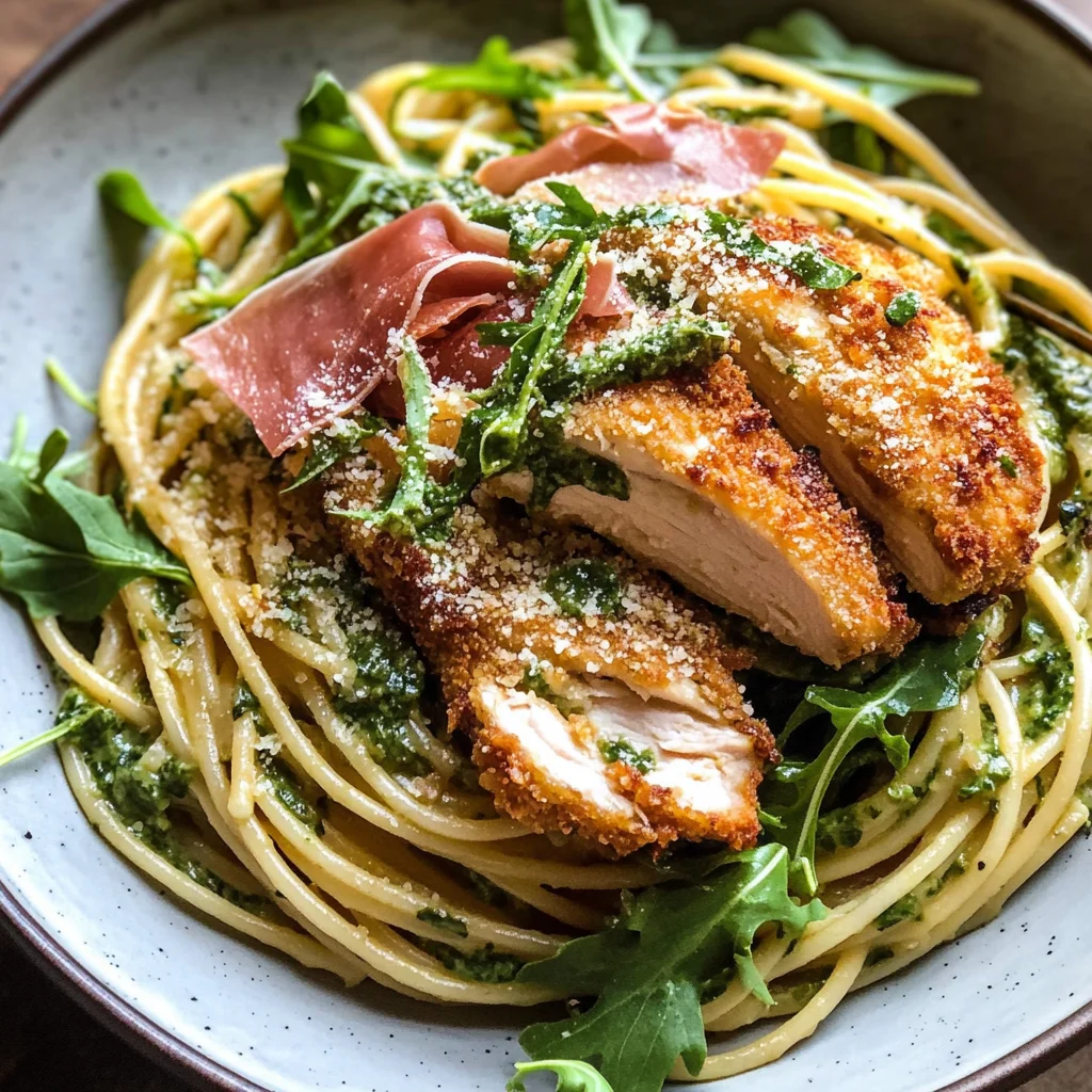 Basil Parmesan Pasta with Crispy Chicken, Prosciutto, and Arugula