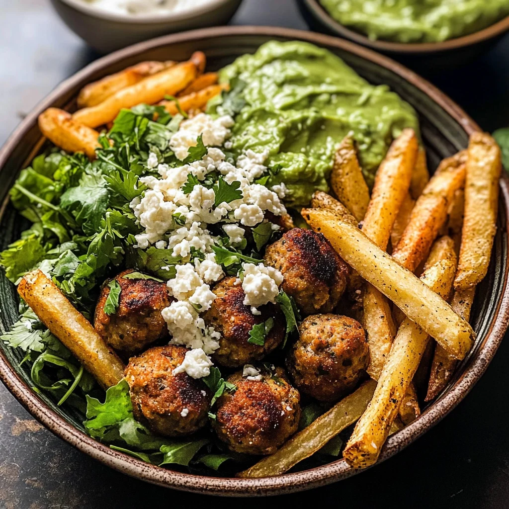 Chicken Meatball Pita Bowls with Seasoned Fries and Feta